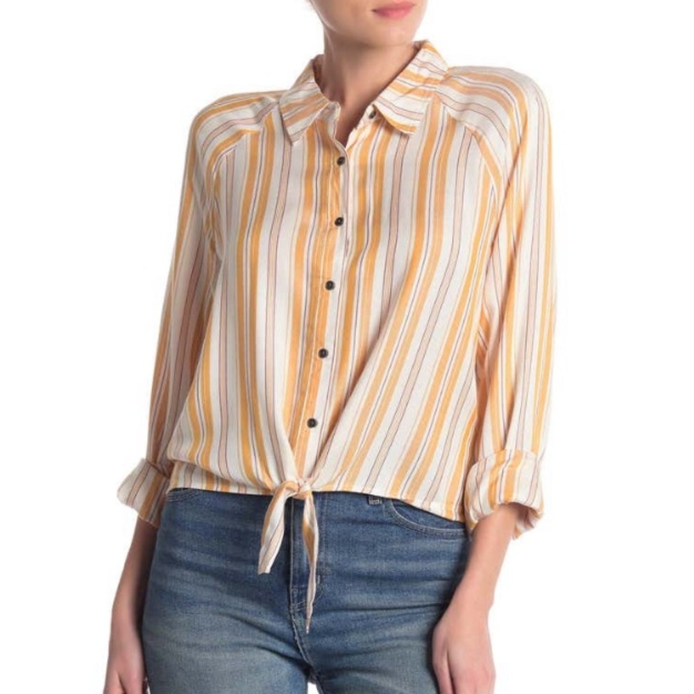 Love Fire Long Sleeve Tie Front Button Shirt Gold